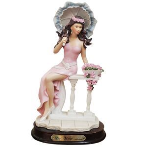 Da Vinci Collection Statue Woman Parasol Pink Umbrella Themed w Rose Basket EUC